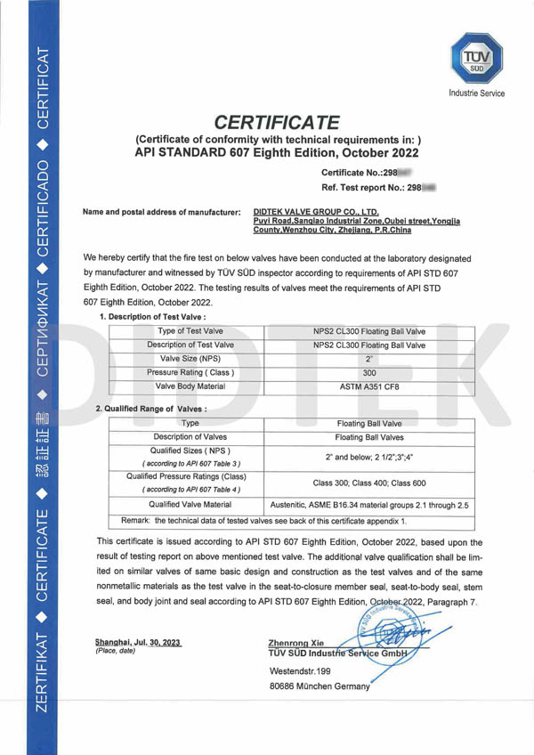 API Standard 607 Eighth Edition Certificate Of NPS2 CL300 CF8 Floating Ball Valve